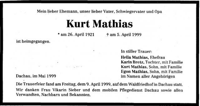 Mathias Kurt 1921-1999 Todesanzeige